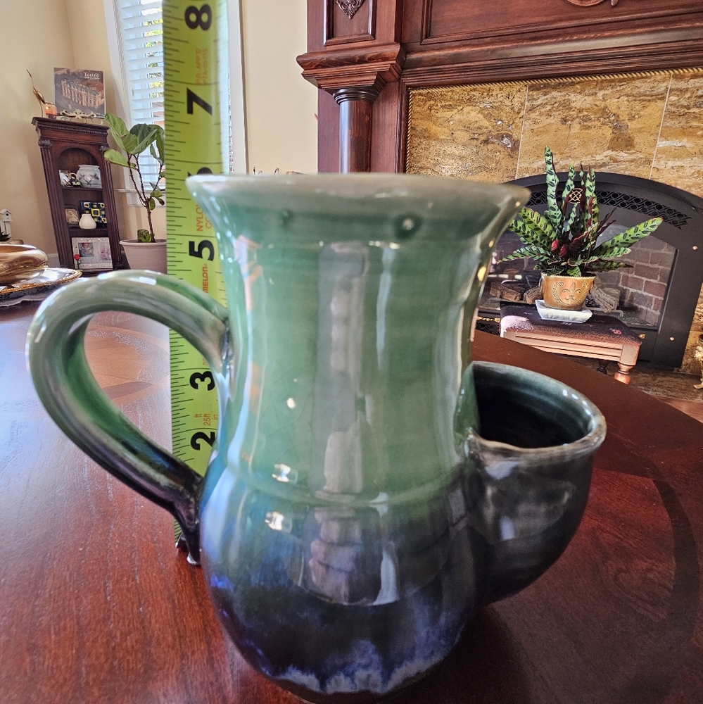 Handcrafted Signed Green Blue Glazed Ceramic Kangaroo Pocket Mug